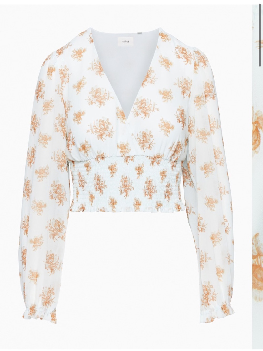 Aritzia Wilfred Wistful Blouse Floral V-Neck Smocked Waist Blouse - pale blue